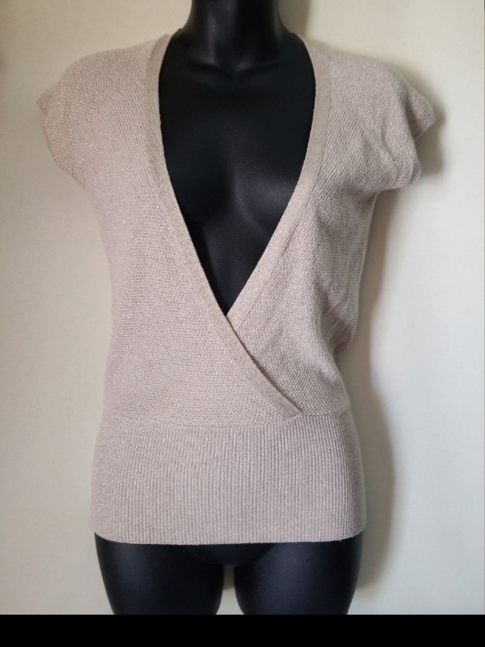 Beige Short-Sleeve Wrap Sweater Top